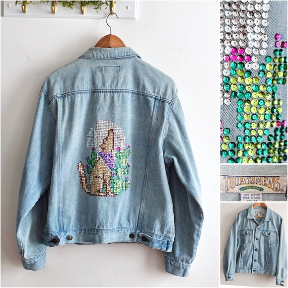 Todays News Jackets & Blazers - Vintage Western Sequin Coyote Moon Art Denim Jacket Desert Cactus Statement M